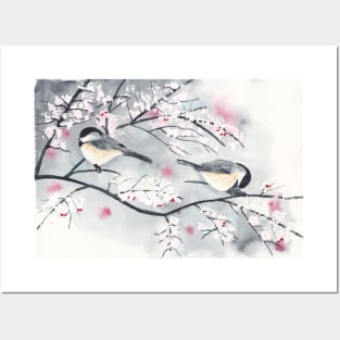 Chickadees in Winter with Red Berries Posters and Art